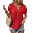 thumbnail image 1 of Womens Casual Button Down Notched V Neck Blouses Tops Loose Short Sleeve Solid Fall Shirts for Women Red XXL, 1 of 3