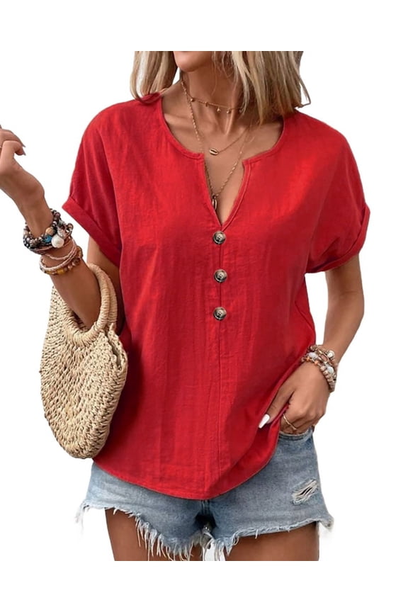 Womens Casual Button Down Notched V Neck Blouses Tops Loose Short Sleeve Solid Fall Shirts for Women Red XXL