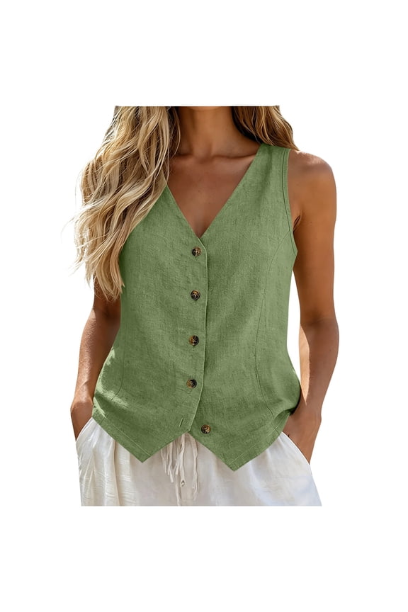 Womens Casual Button Down Sleeveless Vest Solid Color V Neck Business Cotton Linen Jacket Waistcoat Army Green