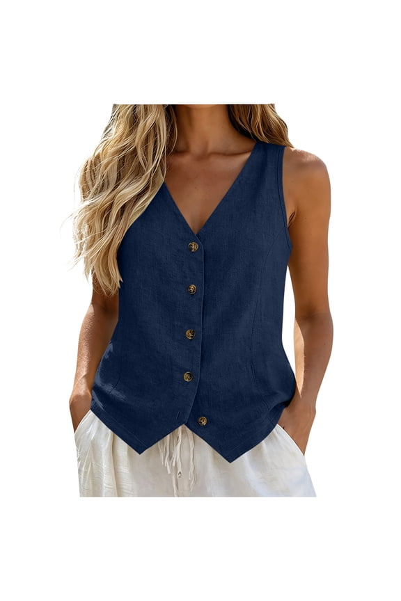 Womens Casual Button Down Sleeveless Vest Solid Color V Neck Business Cotton Linen Jacket Waistcoat Navy