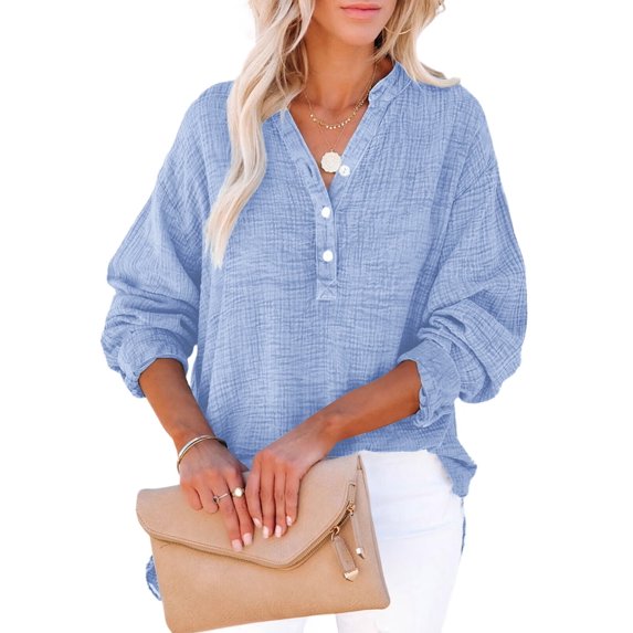 Womens Casual Button V Neck Long Sleeve Shirts Oversized Solid Blouses Tops Blue 4XL