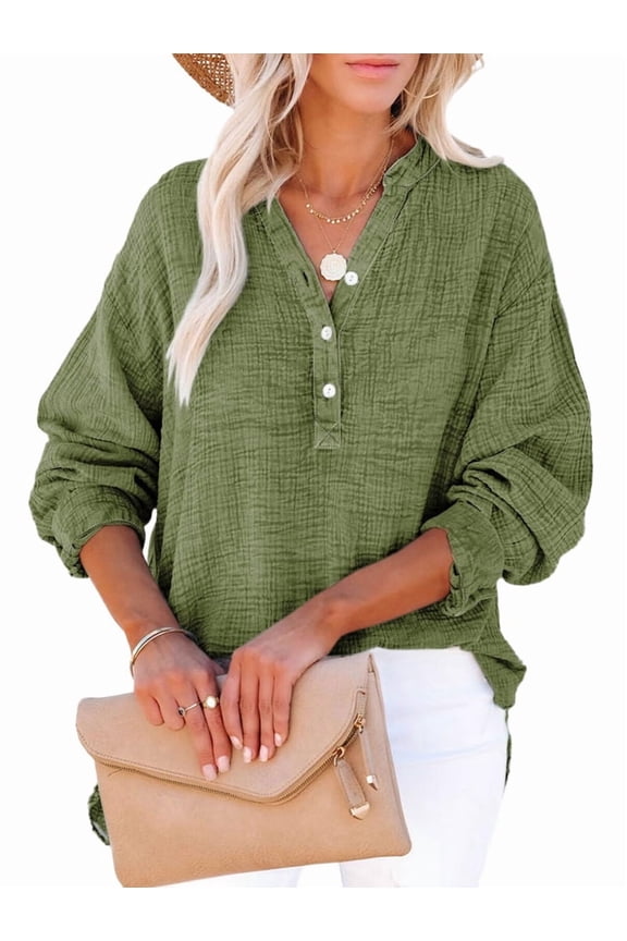 Womens Casual Button V Neck Long Sleeve Shirts Oversized Solid Blouses Tops Green M