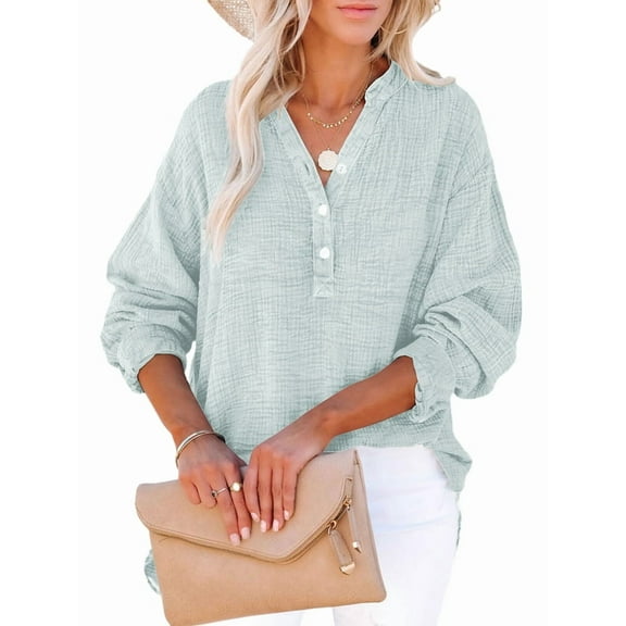 Womens Casual Button V Neck Long Sleeve Shirts Oversized Solid Blouses Tops Light Blue S