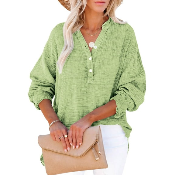 Womens Casual Button V Neck Long Sleeve Shirts Oversized Solid Blouses Tops Light Green 4XL