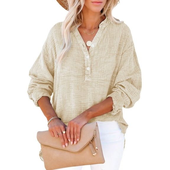 Womens Casual Button V Neck Long Sleeve Shirts Oversized Solid Blouses Tops  M