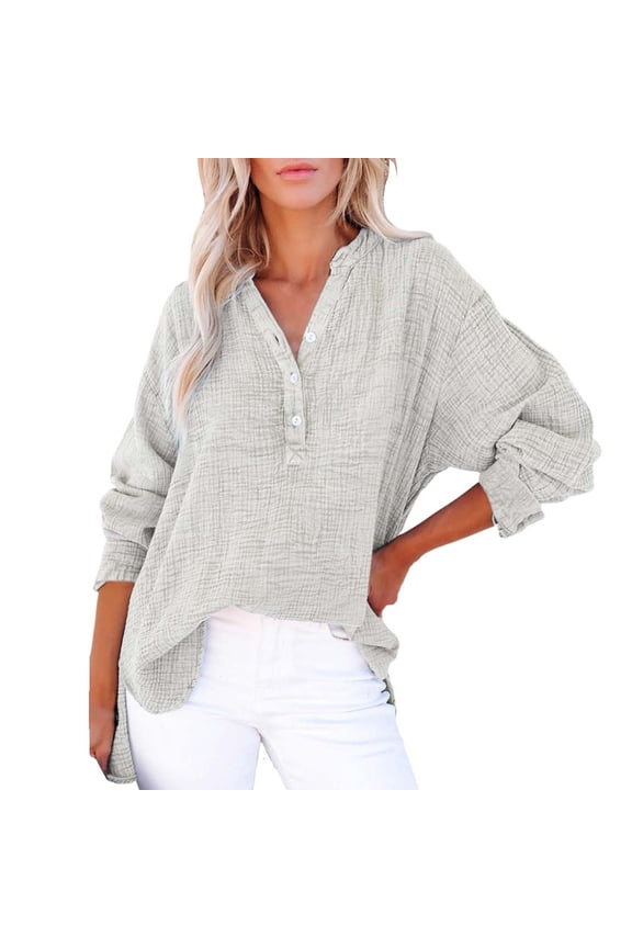 Womens Casual Button V Neck Long Sleeve Shirts Oversized Solid Blouses Tops Rolled Cuffed Long Sleeve Blouse Casual Vacation Beach Summer Tops Tunic Bohemian Tops Gauze Tops Grey M
