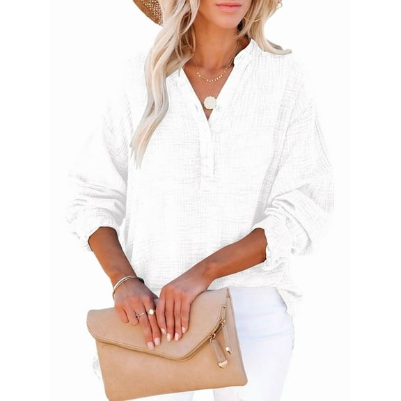 Womens Casual Button V Neck Long Sleeve Shirts Oversized Solid Blouses Tops White 4XL