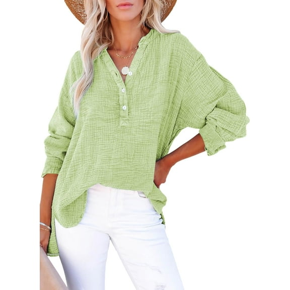 Womens Casual Button V Neck Long Sleeve Shirts Oversized Solid Blouses Tops
