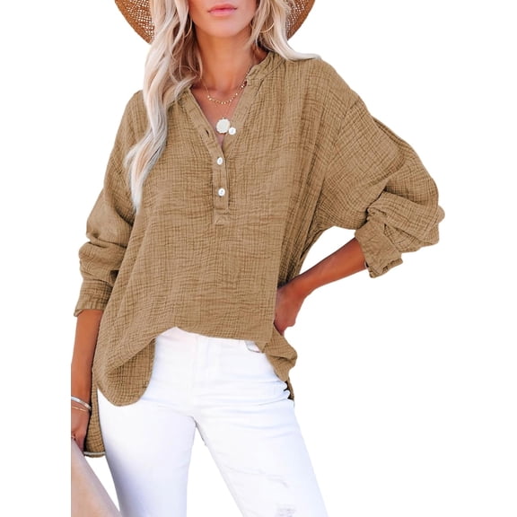 Women's Casual V Neck Long Sleeve Shirt Oversized Lightweight Blouse Top for Daily Wear