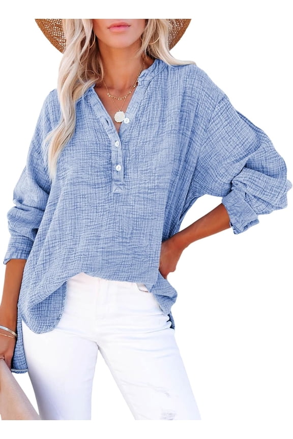 Womens Casual Button V Neck Long Sleeve Shirts Oversized Solid Blouses Tops