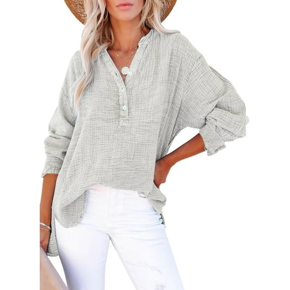 Womens Casual Button V Neck Long Sleeve Shirts Oversized Solid Blouses Tops