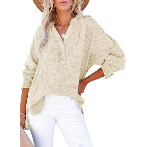 Womens Casual Button V Neck Long Sleeve Shirts Oversized Solid Blouses Tops