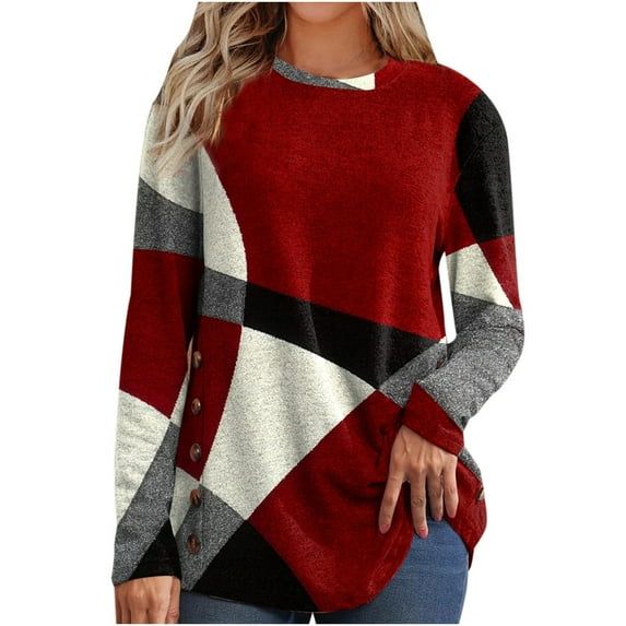 Womens Casual Buttons Geometric Contrast Color Long Sleeve T-Shirt Top