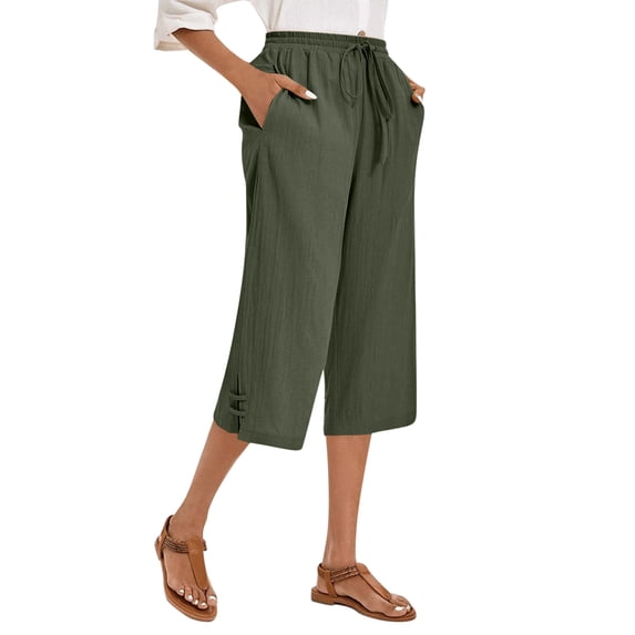 Womens Casual Capri Pants Elastic Drawstring Waist 3/4 Wide Leg Summer Trousers with Pockets