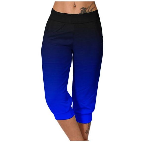 Womens Casual Capri Pants Elastic Waist Solid Color 3/4 Wide Leg Summer Trousers with Pockets Blue S