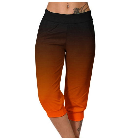 Womens Casual Capri Pants Elastic Waist Solid Color 3/4 Wide Leg Summer Trousers with Pockets Orange M