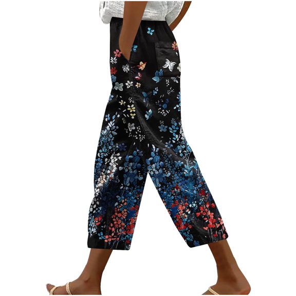 Womens Casual Capri Pants Relaxed Fit Graphic Print Capris Pants Loose Baggy Wide Leg Lounge Pajama Pants