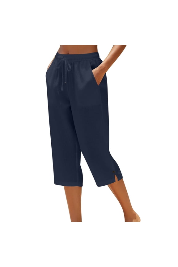 Womens Casual Capris Pants Cotton Linen Comfy High Waist Drawstring Slit Hem Lounge Summer Capris with Pockets (2XL, Navy)