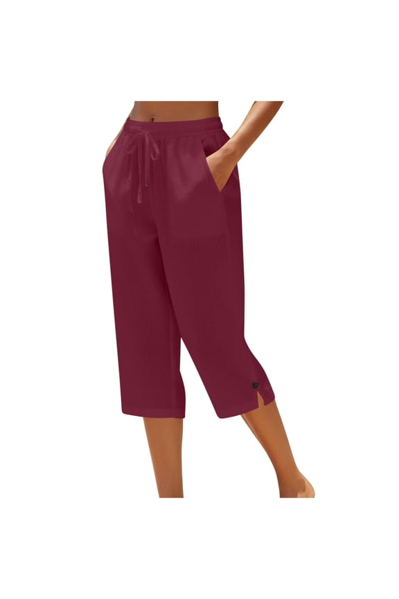Womens Casual Capris Pants Cotton Linen Comfy High Waist Drawstring Slit Hem Lounge Summer Capris with Pockets (XL, Wine)