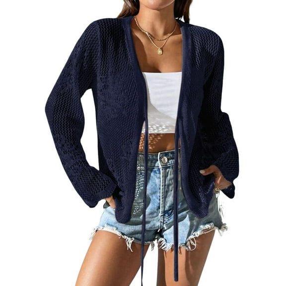 Womens Casual Cardigan Beach Long Sleeve Hollow Out Tie-Front Crochet Cardigan Black S