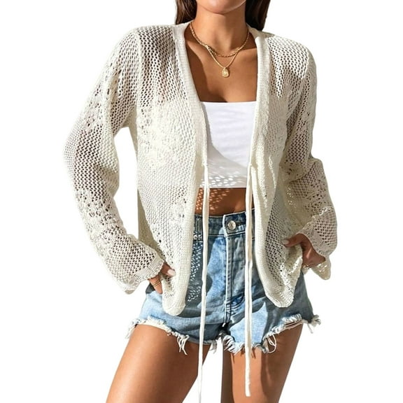 Womens Casual Cardigan Beach Long Sleeve Hollow Out Tie-Front Crochet Cardigan Creamy White M