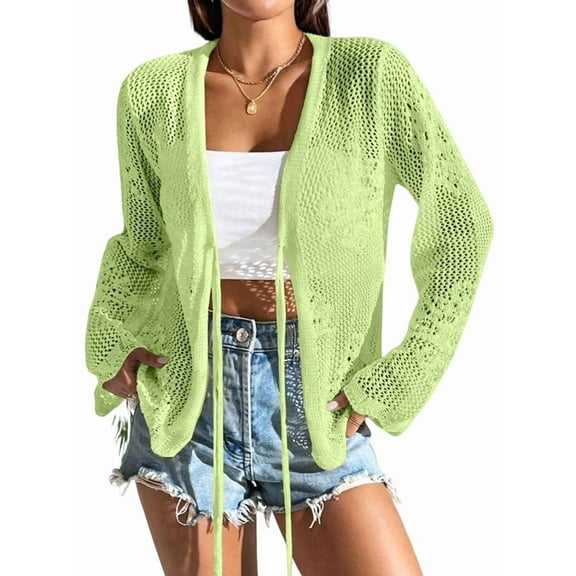 Womens Casual Cardigan Beach Long Sleeve Hollow Out Tie-Front Crochet Cardigan Green S