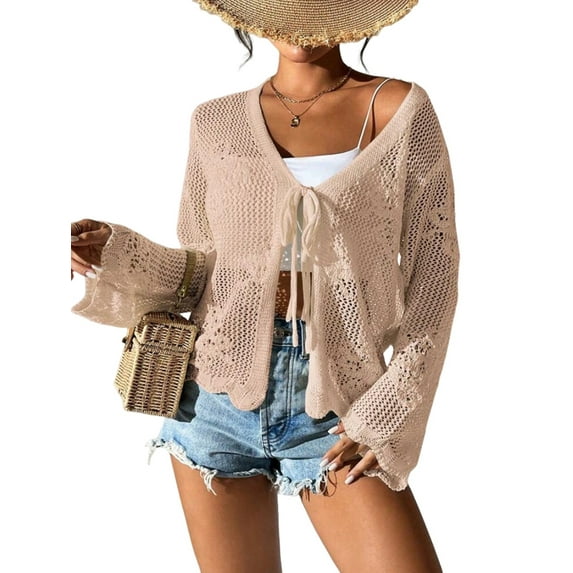 Womens Casual Cardigan Beach Long Sleeve Hollow Out Tie-Front Crochet Cardigan Khaki S