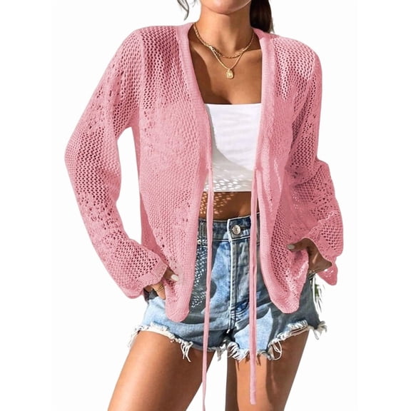 Womens Casual Cardigan Beach Long Sleeve Hollow Out Tie-Front Crochet Cardigan Pink S