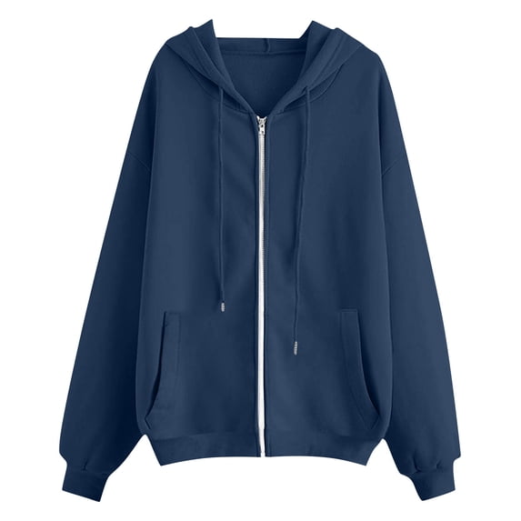 Womens Casual Cardigan Hooded Zip up Long Sleeve Drawstring Tops Baggy Solid Color Sweatshirts Coats with Pockets (L, Navy)