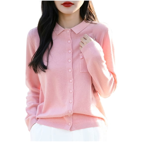 Womens Casual Cardigan Shirts Long Sleeve Collared Knit Sweater with Pocket Button Down Soft Casual Knitwear Pink, XXL