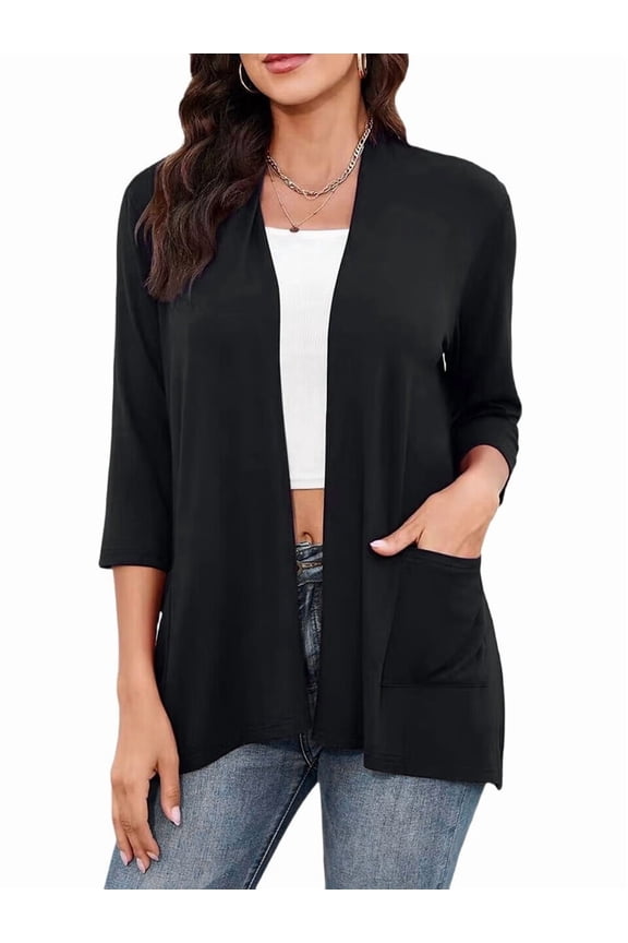 Womens Casual Cardigan with Pockets 3/4 Sleeve Open Front Dusters Black XXL