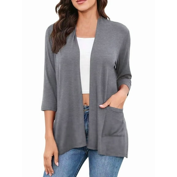 Womens Casual Cardigan with Pockets 3/4 Sleeve Open Front Dusters Flower Gray M
