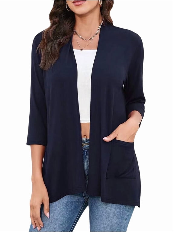 Womens Casual Cardigan with Pockets 3/4 Sleeve Open Front Dusters Navy Blue XXL