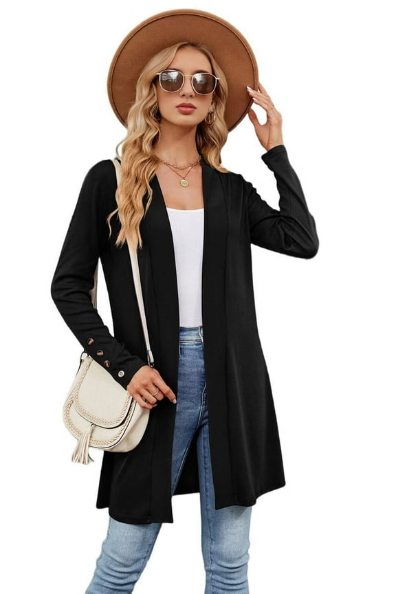 Womens Casual Cardigan with Pockets Loose Long Sleeve Open Front Cardigan Black S