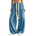 thumbnail image 1 of Womens Casual Cargo Pants Solid Color Drawstring Wide Leg Jogger Loose Fit Baggy Workout Trousers With Pockets, 1 of 4