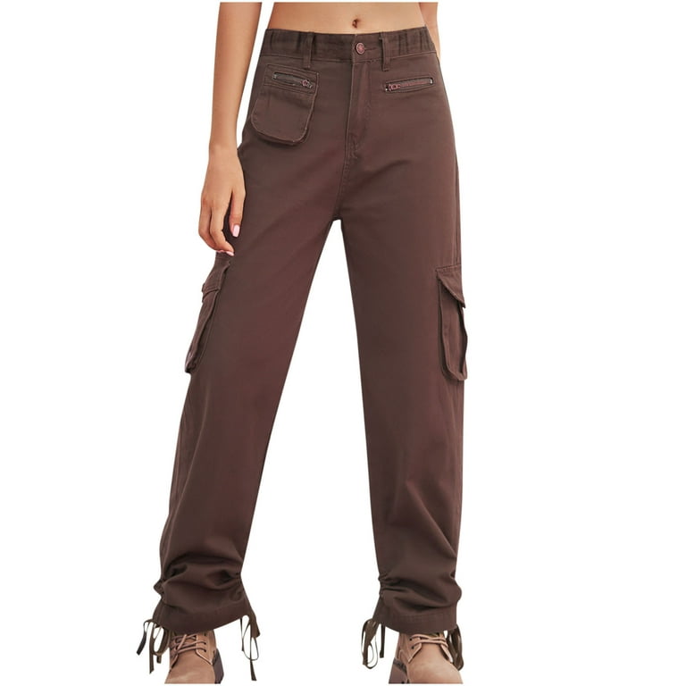 Womens Casual Cargo Pants with Zipper Pockets Regular Waist Ankle  Drawstring Denim Pants Straight Leg Loose Pants Spring and Summer(M,Coffee)
