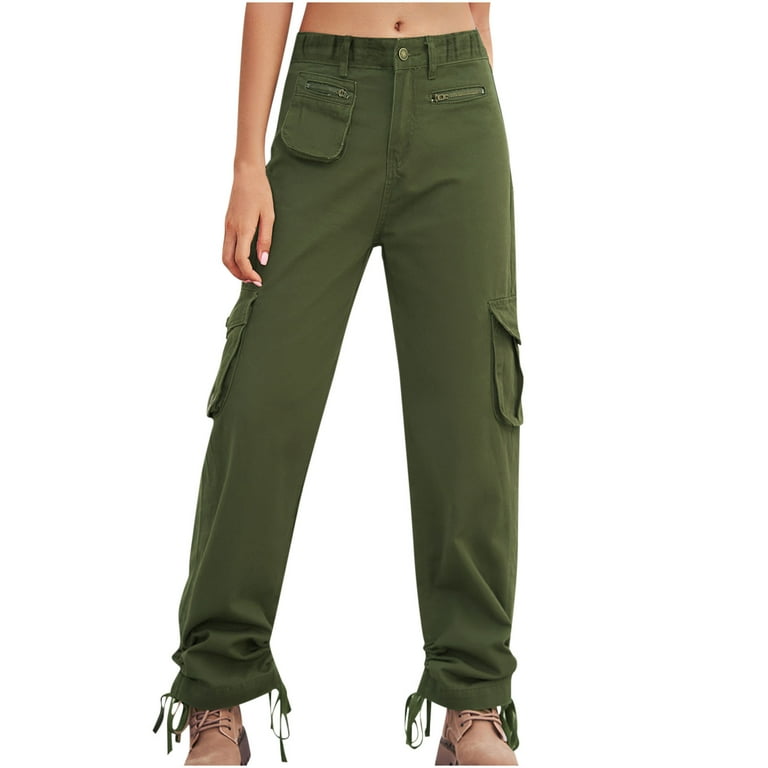 Guzom Work Pants for Women- Summer Casual With Pockets Slim Fit Mid-Waist  Short Sleeve Cargo Pants Army Green Size XL