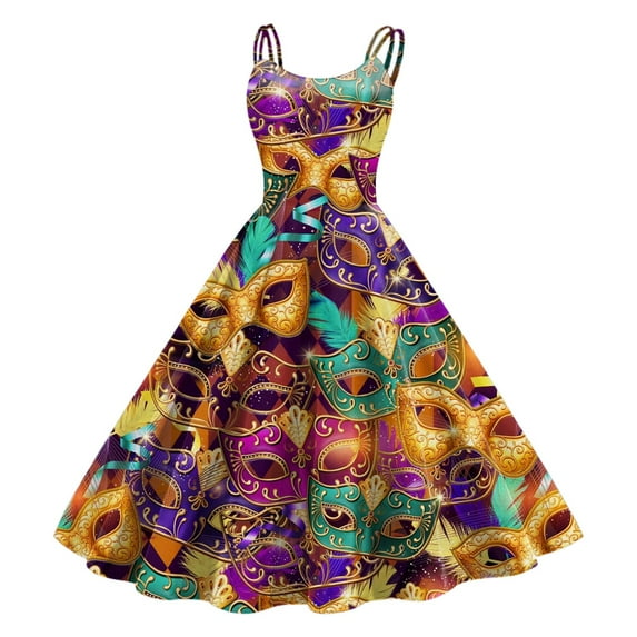 Womens Casual Carnival 3D Printed Dress Sleeveless Spaghetti Strap A Line Swing Dress Retro Evening Formal Prom Party Long Dresses