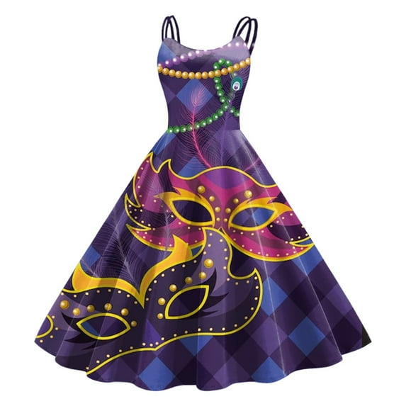 Womens Casual Carnival 3D Printed Dress Sleeveless Spaghetti Strap A Line Swing Dress Retro Evening Formal Prom Party Long Dresses