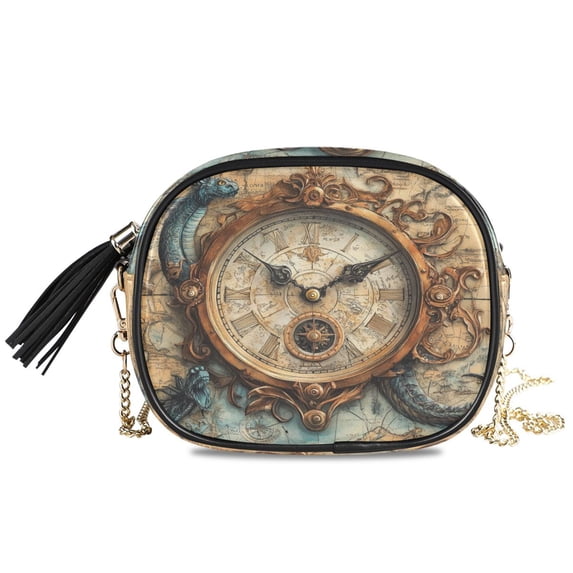 Womens Casual Chain Shoulder Bag Simple style Antique Clock Pattern Crossbody Bag