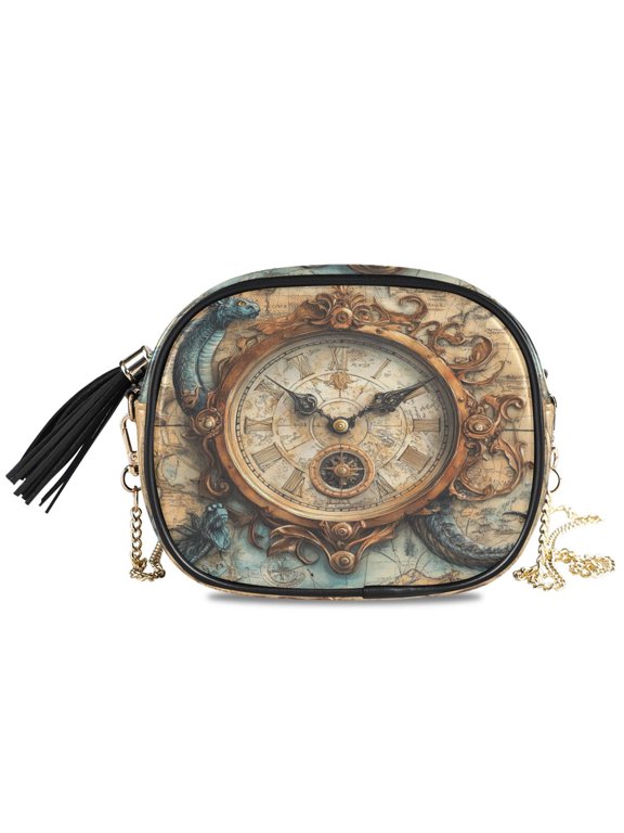 Womens Casual Chain Shoulder Bag Simple style Antique Clock Pattern Crossbody Bag