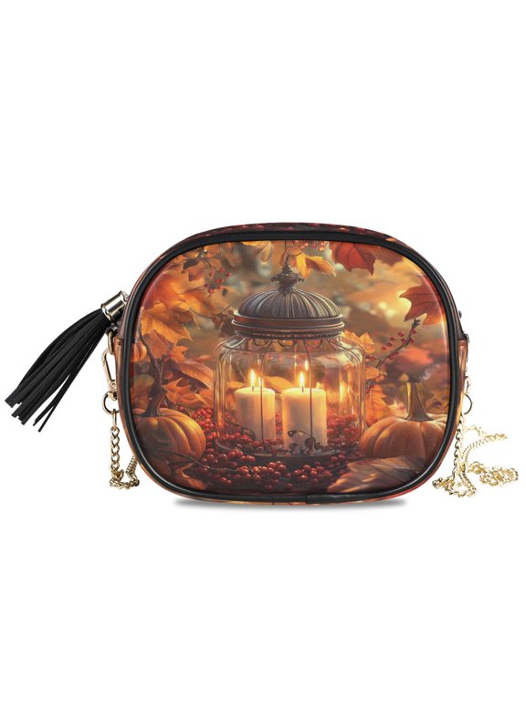Womens Casual Chain Shoulder Bag Simple style Autumn Decor with Candles Pumpkins Crossbody Bag