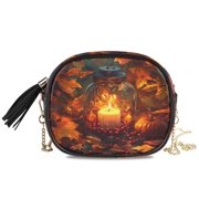 Womens Casual Chain Shoulder Bag Simple style Candles and Pumpkins with Leaves Crossbody Bag