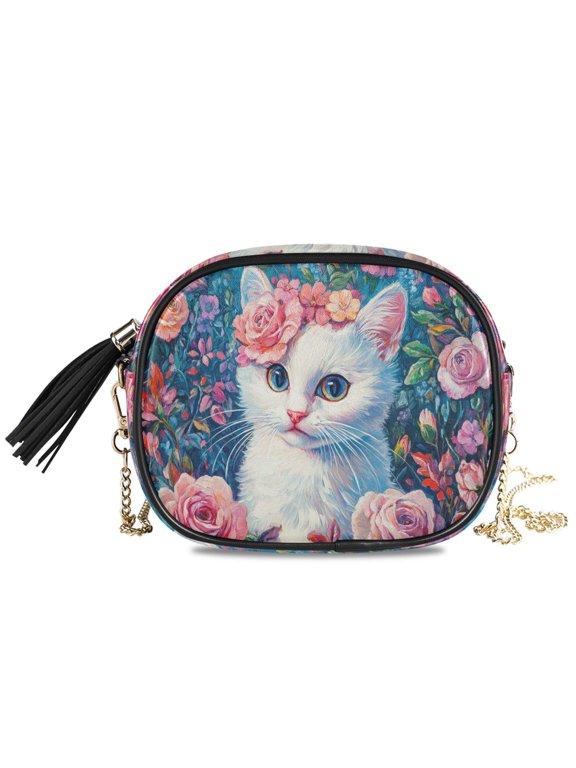 Womens Casual Chain Shoulder Bag Simple style Cat Surrounded by Colorful Flowers Crossbody Bag