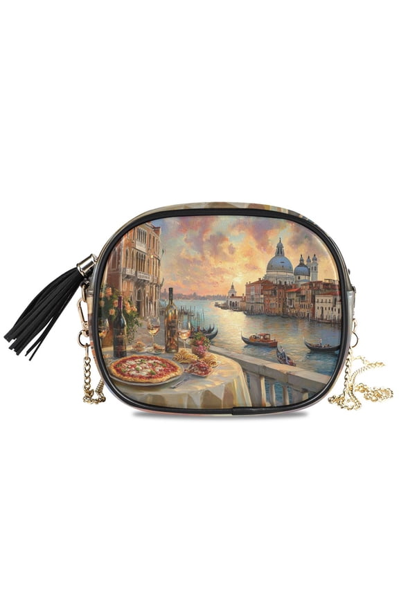 Womens Casual Chain Shoulder Bag Simple style Pizza and Wine Overlooking Venice Crossbody Bag