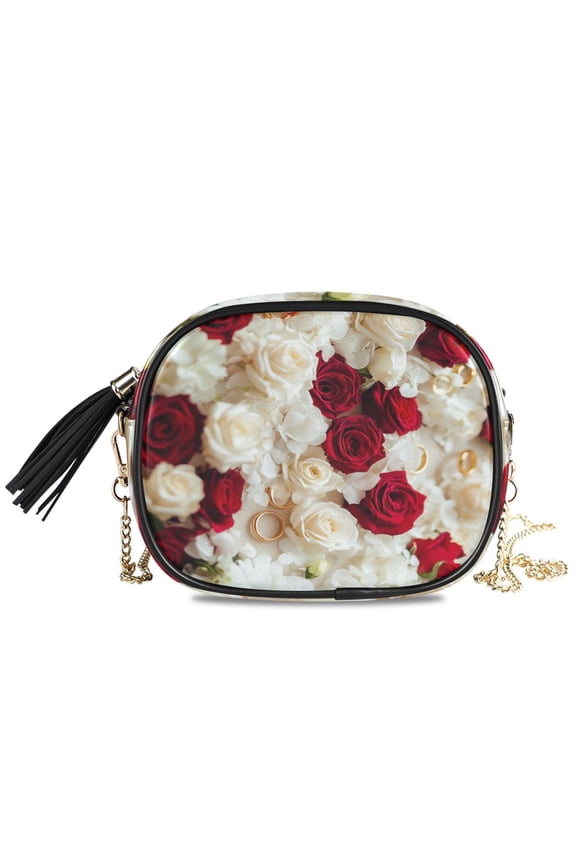 Womens Casual Chain Shoulder Bag Simple style Roses and Gold Rings Crossbody Bag