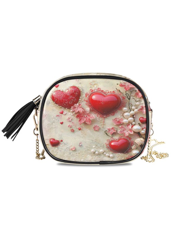 Womens Casual Chain Shoulder Bag Simple style Valentines Day Heart Printing Crossbody Bag