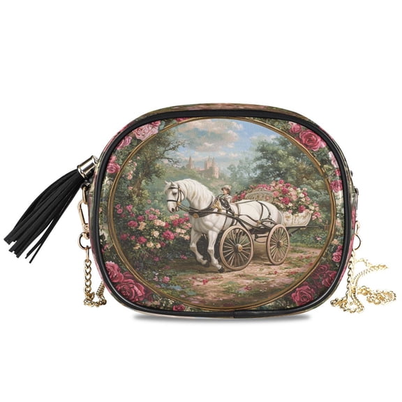 Womens Casual Chain Shoulder Bag Simple style White Horse Flowers Crossbody Bag
