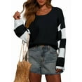 thumbnail image 1 of Womens Casual Checkered Color Block Sweaters Crew Neck Long Sleeve Cropped Knit Pullover Black XL, 1 of 8