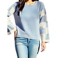 thumbnail image 1 of Womens Casual Checkered Color Block Sweaters Crew Neck Long Sleeve Cropped Knit Pullover Blue L, 1 of 9
